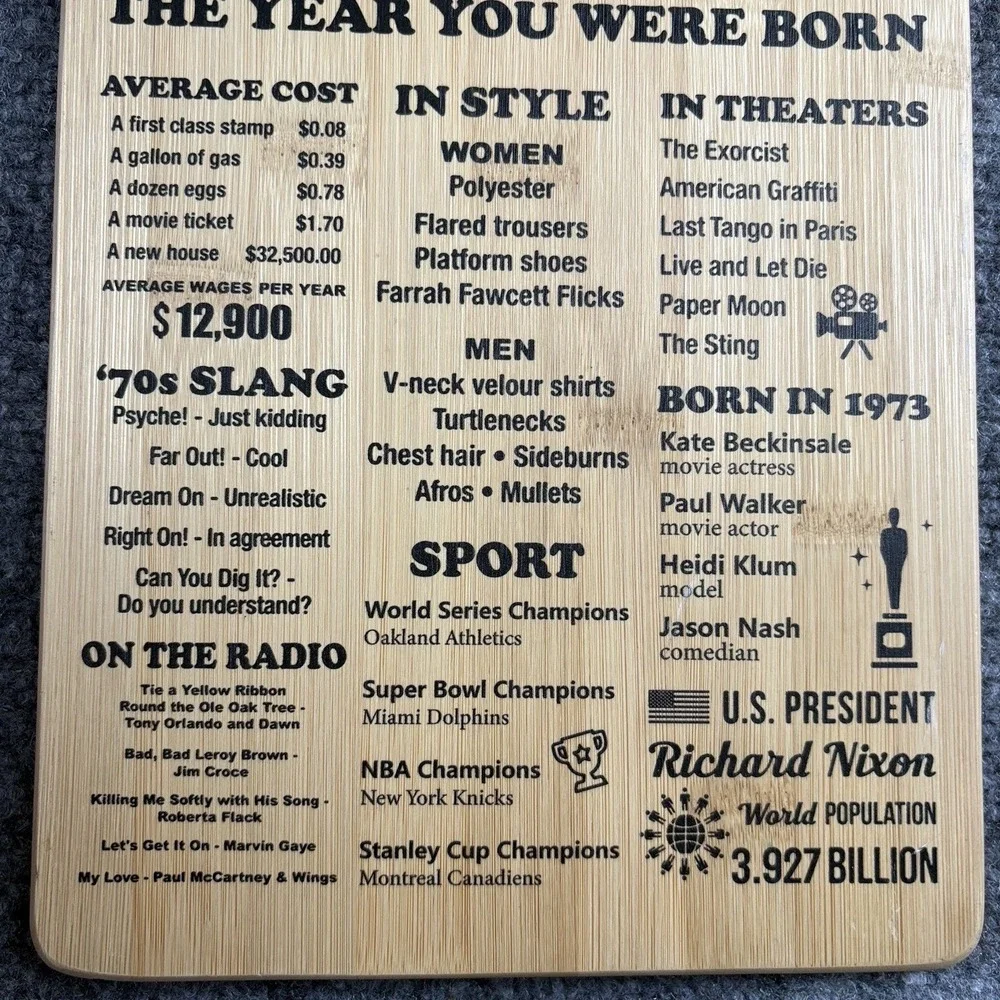 1973 Bamboo Cutting Board The Year You Were Born Birthday Gift Serving Board